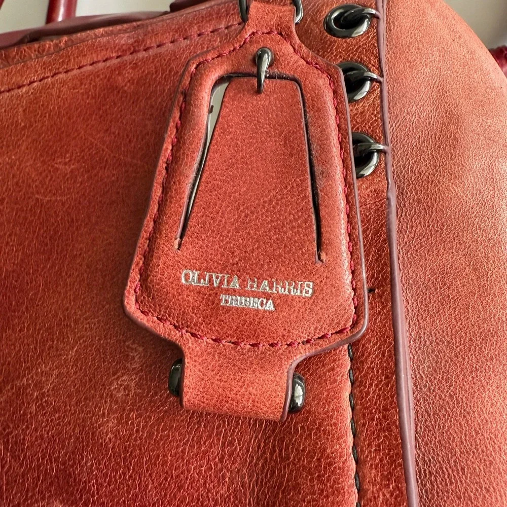 Olivia Harris Double Top Satchel Distressed Red Leather Shoulder Bag Purse - Picture 4 of 14